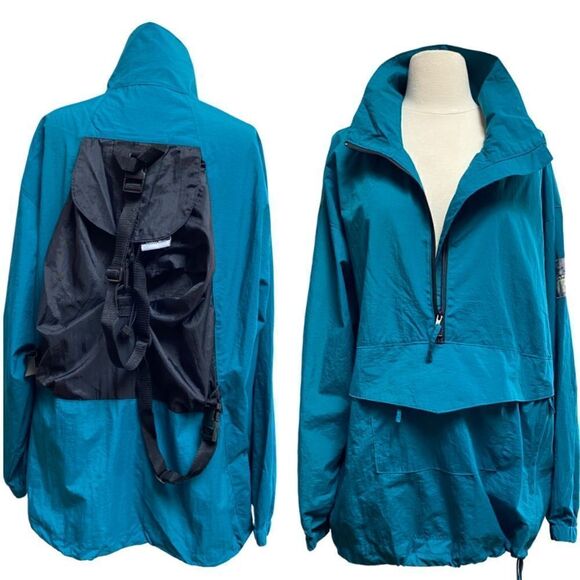 Rare One of a Kind Vintage Hiking Climbing Built in Backpack Windbreaker Teal - Picture 1 of 11